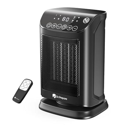 DR.PREPARE 1500W Small Space Heater for Indoor Use, Portable PTC Ceramic Electric Heater with Thermostat, Oscillation, Remote, 12H Timer, 3 Heat Modes + Fan + ECO Mode, Safe Heater for Office Bedroom - size: 9.7''H/ 70° Auto Oscillation