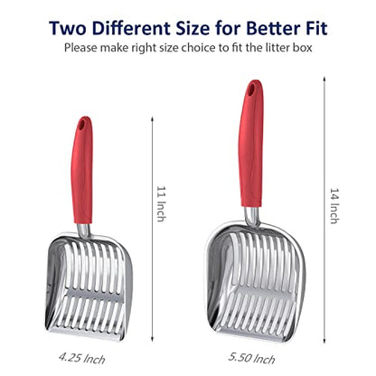 Cat Litter Scoop, Aluminum Alloy Sifter, Kitty Metal Scooper, Deep Shovel, Long Handle, Poop Sifting, Kitten Pooper Lifter, Durable, Heavy Duty, for Litter Box - color: POLISHED Aluminum \ #08 Red Handle, size: Small