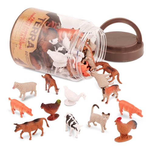 Terra by Battat Farm Animals Toy Tube, 60 Mini Figures, 12 Designs, Tubes | 60 plastic farm animal toys in a storage tube with 12 realistic designs; cow, pig, goat, sheep and more, Animals; 3+ Years - style: Terra Mini Farm Animals in Tube