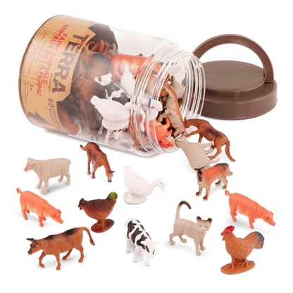 Terra by Battat Farm Animals Toy Tube, 60 Mini Figures, 12 Designs, Tubes | 60 plastic farm animal toys in a storage tube with 12 realistic designs; cow, pig, goat, sheep and more, Animals; 3+ Years - style: Terra Mini Farm Animals in Tube