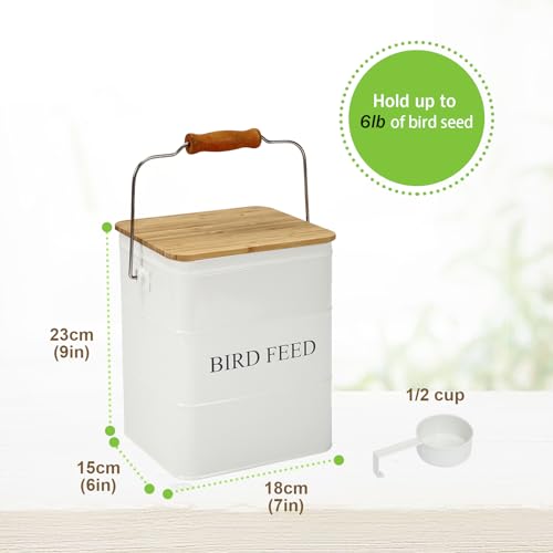 Bird Seeds storage container,Bird Seed Container,Metal food tin for Birds, pet snacks Canisters with wooden lid/handle/sevice scoop,hold 5-6 lbs - color: Bird-White
