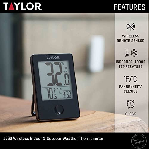 Taylor Wireless Digital Indoor Outdoor Thermometer, Easy to Read Numbers for Patio, Pool, and Indoor Areas, LCD, Black - color: Black