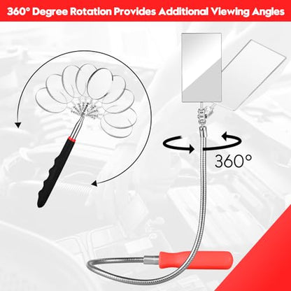 Telescoping & Bendable Inspection Mirror – Round & Square Heads, Black/Orange | 360° Swivel Neck, Telescoping & Bendable Handles, Metal & Glass Build, for Dead Angles & Tight Spots - color: Red/Black