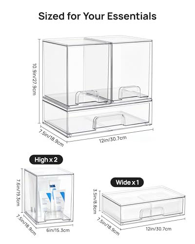 Vtopmart Stackable Storage Drawers Set of 3, Clear Plastic Organizer Bins for Bathroom Supplies, Ideal for Cabinet,Shelf, Pantry, Laundry Room Organization - style: 2 High+1 Wide