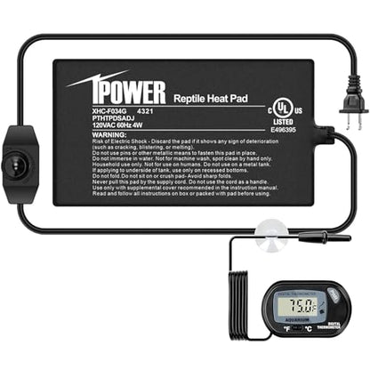 iPower 4x7 Inch Reptile Heating Pad with LCD Digital Aquarium Thermometer, Reptile Heat Mat with Adjustable Temperature Control for Reptiles - color: Black/Heat Pad with Adjust Knob+ Thermometer, size: 4" x 7"