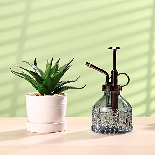Glass Plant Mister - 6.5" Green Glass Water Spray Bottle with Gold Top Pump, Small Plant Sprayer for Indoor/Outdoor House Plants (Gray+Bronze)