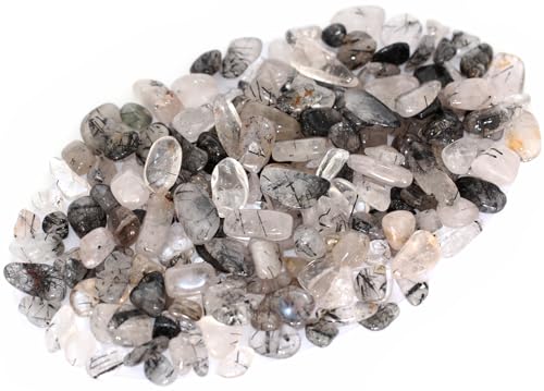ZenQ 1 lb Crystal Chips, Tumbled Stone Chips for Crafts | Polished, Undrilled Gemstones for Resin Art, Vase Filler, Plant Decor, Candle Making, and DIY Projects - color: Black Rutilated Quartz 0.2"- 0.6"