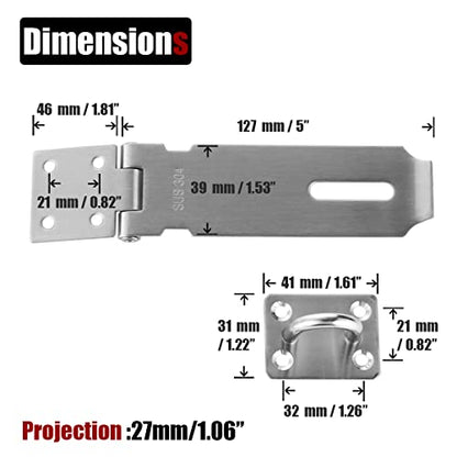 JQK Door Hasp Latch Lock, 5 Inch 304 Stainless Steel Safety Packlock Clasp Thickness 1.9 mm, Brushed Steel, DL130-BN - size: 5Inch-Brushed