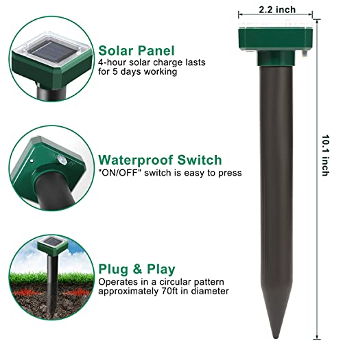 Mole Repellent Solar Powered, 10 Pack Solar Mole Repellents Ultrasonic for Vole, Snakes, Gopher, Waterproof Sonic Vole Deterrent Spikes,Snake Gopher for Garden and Yard - size: 1 Count (Pack of 10)
