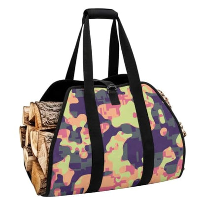 Pixel Camo Print Firewood Carrier Bag with Padded Handles | Adjustable Buckle Straps, Water Resistant, Suitable for Indoor Fireplace and Outdoor Camping - color: Pastel Pink Purple Pixel Camo Print
