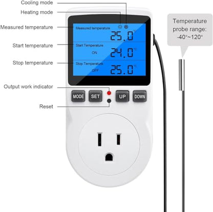 Diymore Digital Thermostat Controller - Plug-in Temperature Controller for RVs, Reptile Terrariums, and Greenhouses (1800W, -40°F to 248°F) - color: Plug in Digital Thermostat
