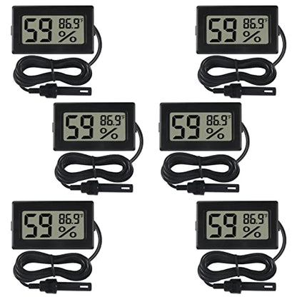6-Pack Mini Digital Thermometer Hygrometer with Probe Indoor Temperature Humidity Meter Gauge LCD Fahrenheit Display Hygrometer Thermometer Gauge, Black - color: 6PCS Black