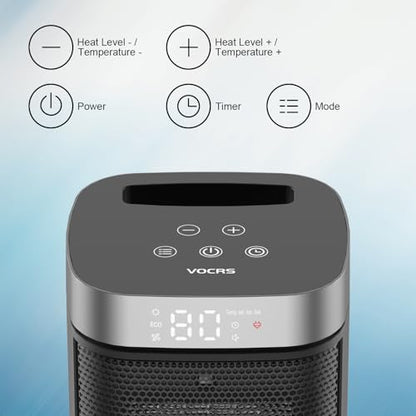 Small Portable Space Heater for Indoor Use - VOCRS 1500W PTC Electric Heater with Thermostat, Remote Control, 12H Timer, Eco and Fan Mode, Rapid and Safe Heating for Bedroom, Office - size: 8.4''/Non Oscillation