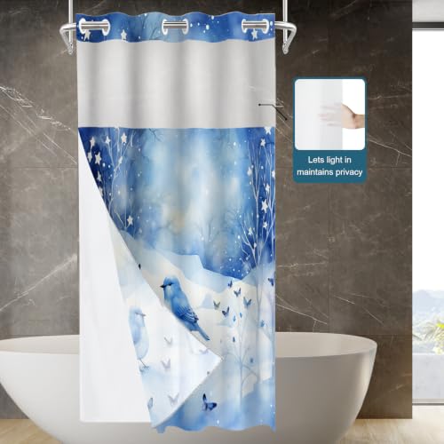 Bird Snowflake Watercolor No Hooks Shower Curtain with Snap in Liner Set, Butterfly Stars Tree Branches Tub Curtainn Mesh Top Window & Magnetic Hem Waterproof 35.5X74 Inch - color: Bird Snowflake Watercolor Blue 1, size: 35.4"W x 74"L (Pack of 1)