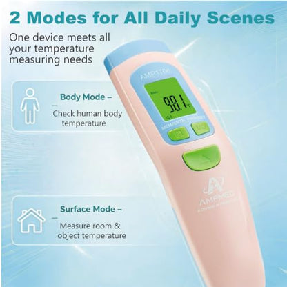 Medical Grade Non-Contact Forehead Thermometer, Pink | With Case, Adults, Kids & Infants, No-Touch, Temporal Fever Thermometer - color: Pink