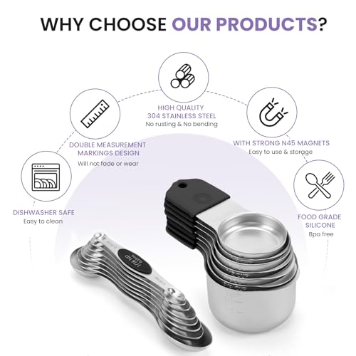 HOUJIP Magnetic Measuring Cups and Spoons Set-304 Stainless Steel,Black | Double Measurement Markings,BPA-Free,Set of 16 with Leveler for Measuring Dry and Liquid Ingredients - color: Black