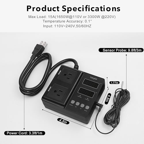 BTC211 Temperature Controller 1650W 15A | Dual Digital Outlet Thermostat Plug, Pre-Wired, 2 Stage Heating&Cooling Mode, 110V - 240V, Fermentation BBQ Reptile Aquarium