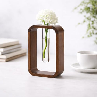 Modern Wooden Frame Glass Vase Hydroponic Planter – Minimalist Square Propagation Station with Test Tube Vase – Indoor Plant Terrarium for Flower, Cuttings & Home Office Decor