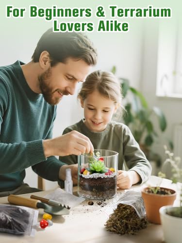 Terrarium Kit Adults - Includes Pumice, Moss, Soil, Pebbles, Charcoal, 2 Tools, Mushroom Ornaments for Succulent Cactus, Terrarium Accessories Decor Gifts for Starter Women