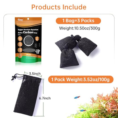 hygger Aquarium Activated Carbon, Premium Natural Coconut Shell Activated Charcoal for Freshwater and Saltwater, Fish Tank Filter Media, Water Purification Carbon (10.5 oz with Fine Mesh Bag)
