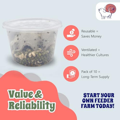 16 oz Deli Cup and Fabric Vented Insect Feeder lids by Snout & Shell - Pack of 10 Cups and lids - size: 16oz/10 cups