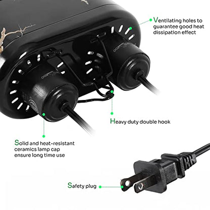 REPTI ZOO Nano Combo Print Tropical Desert Reptile Dual Deep Dome Lamp Fixture for Reptile Max 40 Watts Max Bulb Height 4 in Per Socket UVB Light Fixture Dual Lamp Cap Combo Integration Design - size: 40 Watts