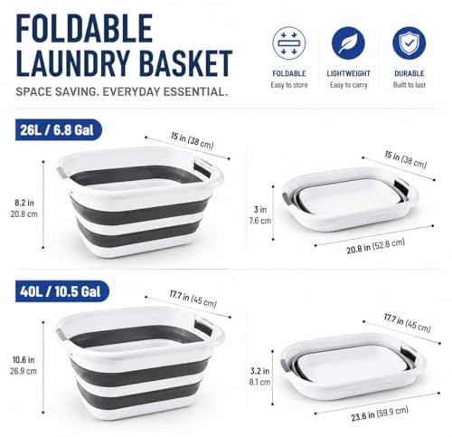 26L/40L Large Collapsible Mop Bucket with Handle for Cleaning, Silicone Portable Pet Bathtub for Puppy Small Dogs Cats, Foldable Laundry Basket Hamper Clothes Storage Bin Space Saving Design (26L) - size: 26L