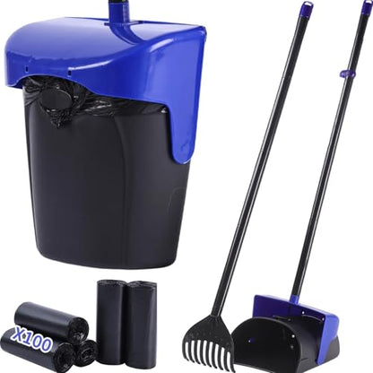 ienjoyed 43" Tall Pooper Scooper Large Swivel Bin & Rake with 100 Waste Bags,Heavy Duty Dog Pooper Scooper for Dogs, Long Handle Poop Scooper with Lid for Yard, Grass, Gravel (Blue) - color: Blue（43“ Tall）