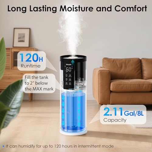 Home Humidifier for Large Room, 2.11Gal Cool Mist Top Fill,120H | Bedroom Humidifier with Humidistat,4 Mist Level,up to 500 ft² Coverage,35dB Quiet Humidifier for Commercial,Office,Baby,Plant