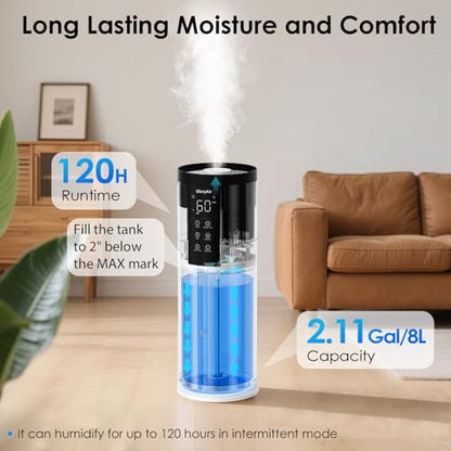 Home Humidifier for Large Room, 2.11Gal Cool Mist Top Fill,120H | Bedroom Humidifier with Humidistat,4 Mist Level,up to 500 ft² Coverage,35dB Quiet Humidifier for Commercial,Office,Baby,Plant
