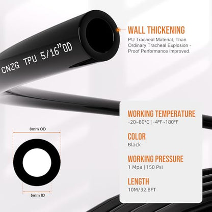 5/16 OD Inch 8mm Air Line Hose Tubing Kit Poly Airline Black | Polyurethane Compressed Pneumatic Compressor Repair Kit With Push To Connect Fittings - color: Black, size: 5/16" OD
