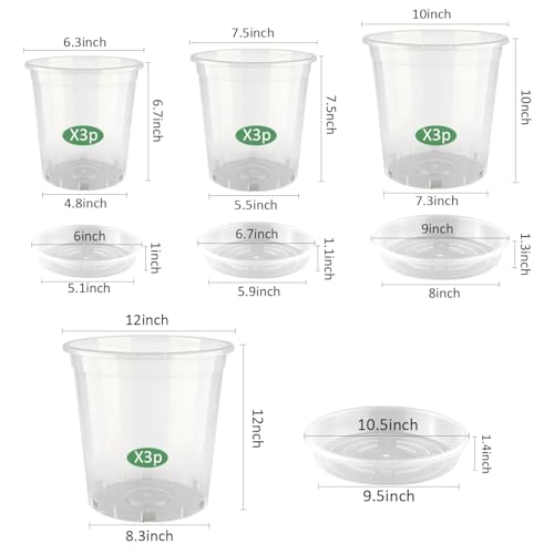 BTPLASTIK 1/2/3/5 Gallon Clear Nursery Pots with Saucers 4 Size Set 12P, Round Plastic Plant Pots with Drainage Holes - size: 1/2/3/5 Gallon + Saucers 12P