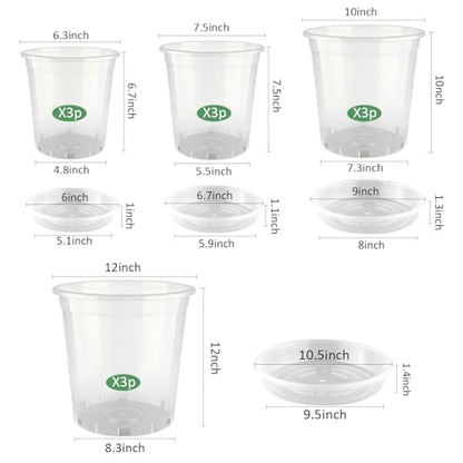 BTPLASTIK 1/2/3/5 Gallon Clear Nursery Pots with Saucers 4 Size Set 12P, Round Plastic Plant Pots with Drainage Holes - size: 1/2/3/5 Gallon + Saucers 12P