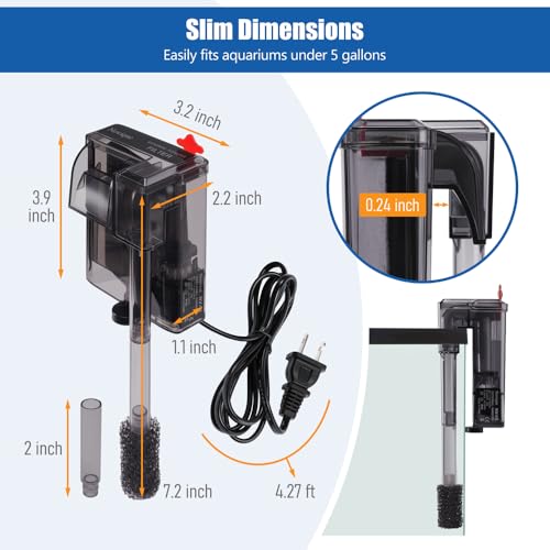 HOB Slim Aquarium Filter for Up to 5 Gallon Tank Ultra-Quiet Fish Tank Power Filter Flow Adjustable Suitable for Saltwater and Freshwater 42 GPH 3W