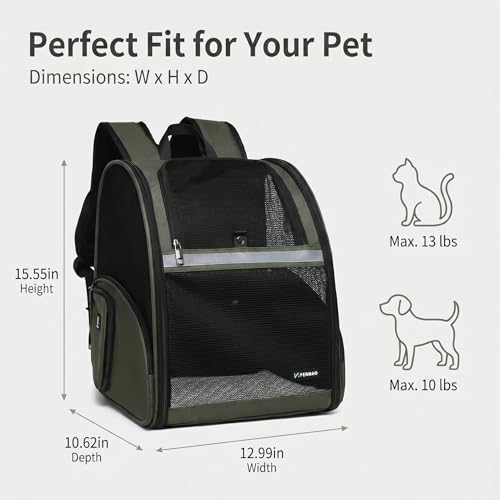 Cat Backpack Carrier for Small Dogs and Medium cat Puppy Kitten Bunny Pet Carrier Backpack Collapsible with Fully Ventilated Mesh with Safety Leash (DarkGreen, 12.9" L x 10.62" W x 15.5" H - M) - color: DarkGreen, size: Medium