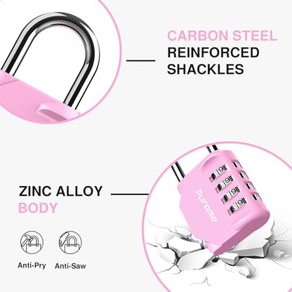 Puroma 1 Pack Combination Lock Locker 4 Digits Combo Padlock Gym Pink | For School Gate Fence Toolbox Hasp Storage, Outdoor, Resettable, Weatherproof, Side Window, Crack Cut Resist, Hardened Steel - color: Pink