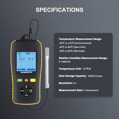 Tzone Wet Bulb Thermometer Dew Point Meter Temperature Humidity Data Logger | usb temp recorder,probe,digital industrial hygrometer,rh recording,auto report,sound alarm,for freezer hvac lab greenhouse
