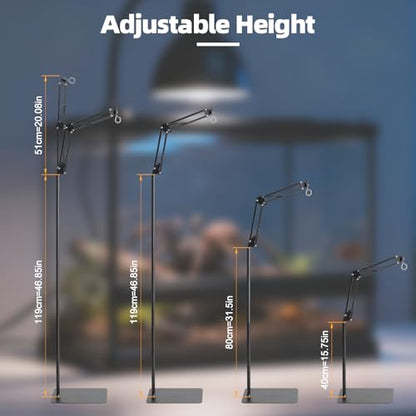 Reptile Lamp Stand, Adjustable 15-46 in Heat Lamp Stand, Metal Floor Light Holder with 180° Adjustable Swing Arm for Reptile Glass Terrarium Heating Light