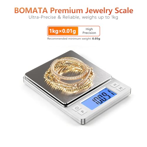 BOMATA 0.01g High Precision Jewelry Scale, 1000g Digital Gram Scale, Silver | Small & Portable Design with Hold, Tare & Counting Function, Precise for Gold, Bullion, Coins, Gemstones & Crafts - color: Silver