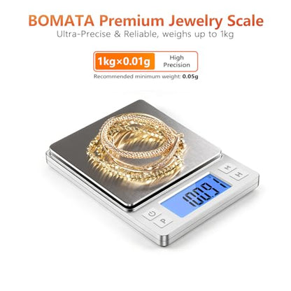 BOMATA 0.01g High Precision Jewelry Scale, 1000g Digital Gram Scale, Silver | Small & Portable Design with Hold, Tare & Counting Function, Precise for Gold, Bullion, Coins, Gemstones & Crafts - color: Silver