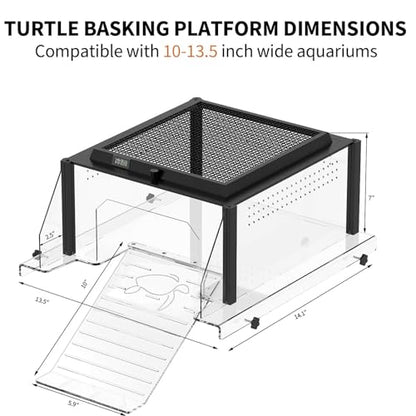 Turtle Basking Platform, Fits 10–13.5" Wide Tanks, Temp Humidity Gauge | Clear Acrylic Turtle Dock, Flip-Open Lid, Non-Slip Ramp & Escape-Proof - size: Fit 10-13.5 Inchs Wide