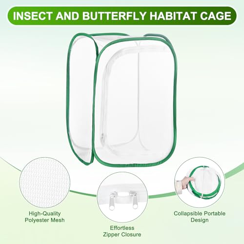 M METERXITY Butterfly Habitat Cage Terrarium, Outdoor Collapsible Mesh Pop-up with Zipper Protection for Breeding Butterfly/Ladybug, Mesh Plant Enclosure [White with Green, 24 x 16 x 16 Inch]