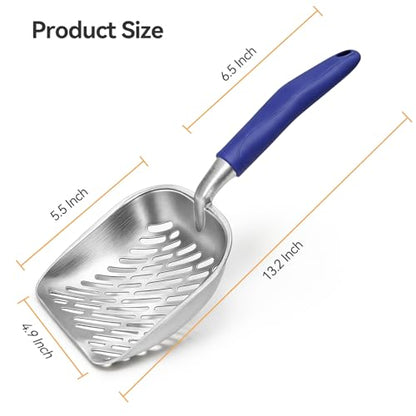 Cat Litter Scoop, Large Long Handle Kitty Metal Scooper, Heavy Duty Aluminum Deep Sifter, Ergonomic Non-Slip Grip, Rustproof Durable Poop Cleaner for Cat Litter Box - color: Blue, size: Large