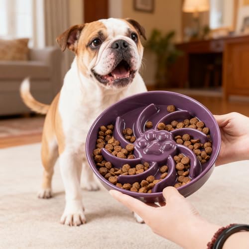 Ceramic Slow Feeder Dog Bowl, 3 Cup Dog Food or 25oz Water, Slow Eating Bowl for Middle Breed, Maze Puzzle Feeder for Fast Eaters, Anti-Choking Stop Bloat, Non-Slip BPA Free (Purple) - color: Purple