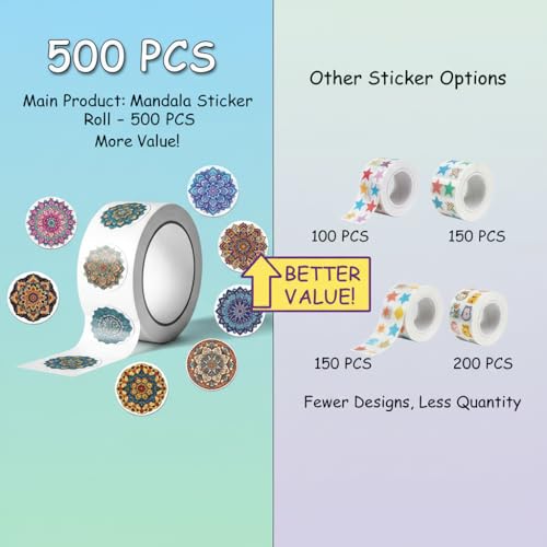 500Pcs Mandala Stickers, Waterproof Decal Bottles, Laptops Crafts 8 Styles | 500Pcs/Roll mandala stickers; waterproof self-adhesive accents for packaging, envelopes, crafts, gifts, or parties. - color: 500pcs- 10 Styles Mandala