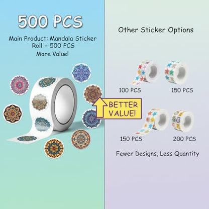 500Pcs Mandala Stickers, Waterproof Decal Bottles, Laptops Crafts 8 Styles | 500Pcs/Roll mandala stickers; waterproof self-adhesive accents for packaging, envelopes, crafts, gifts, or parties. - color: 500pcs- 10 Styles Mandala