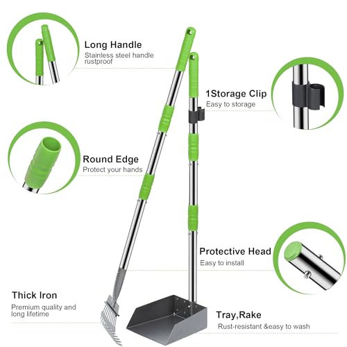Pooper Scooper for Dogs, Metal Poop Scooper Tray and Rake Set with Adjustable Long Handle, Dog Pooper Scooper for Pet Waste Removal - color: Silver & Green