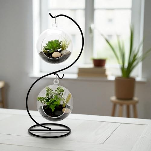 Ornament Display Stand Iron Pothook for Hanging Glass Globe Air Plant Terrarium Disco Witch Ball Christmas and Home Wedding Office Party Decoration Black Hanger Rack Hook Tree Flower Pot Holder