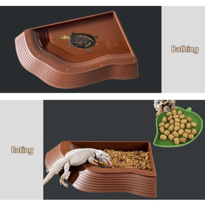 3 Pcs Tortoise Water Dish with Ramp Leaf Tortoise Water Food Bowls Reptile Water Dish Amphibians Habitat Accessories for Lizard Turtle Horned Frog Brown