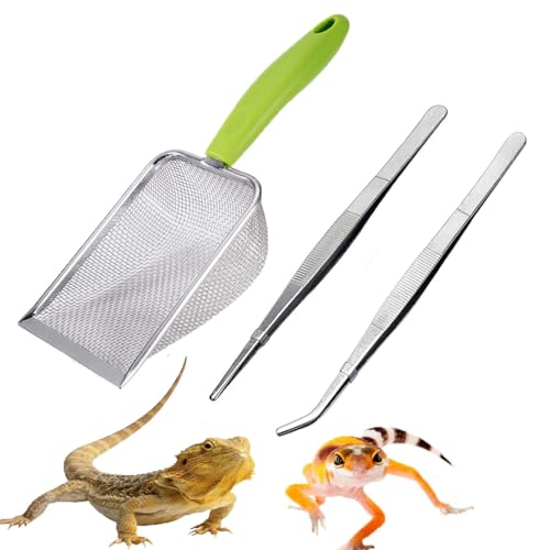 Reptile Sand Substrate Scoop Reptile Sand Fine Mesh Reptile Scooper Stainless Steel Terrarium Substrate Sand Bedding Litter Cleaner Scoop and Reptile Long Feeding Tongs Set (Green-2mm) | Stainless Steel 2mm Fine Mesh Reptile Scooper Terrarium Substrate Sa